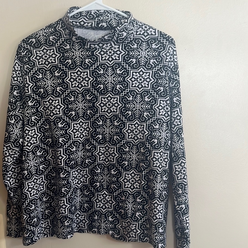 Lands End Relaxed Fit Mock Neck Long Sleeve Womens XL Geometric Black white